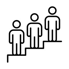Three people standing on a rising staircase, linear icon. Career growth, progress, hierarchy, and success levels. Editable stroke