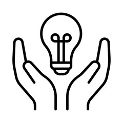 Two hands holding a light bulb, linear icon. Creative idea protection, innovation, support, and brainstorm concepts. Editable stroke