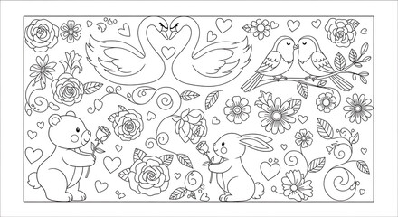 Cute animals and birds with flowers and hearts isolated on a transparent background