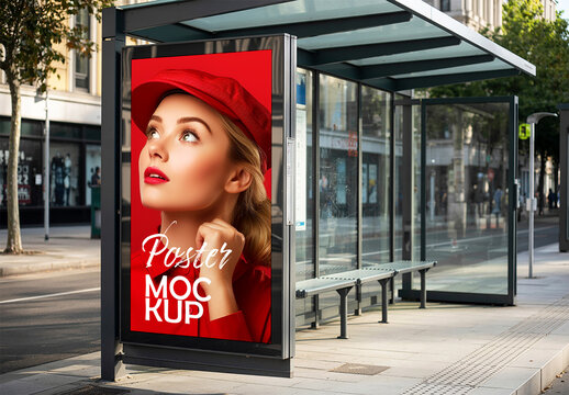 Outdoor Street Bus Stop Shelter Poster Mockup
