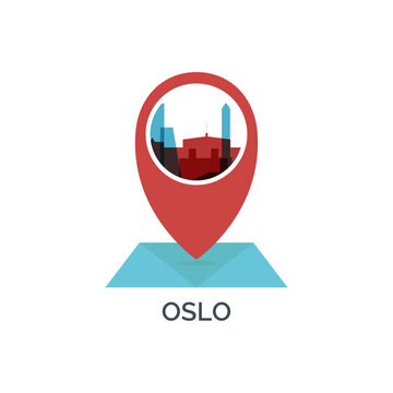 Oslo icon of map pin pointer, geolocation, skyline shape. Vector logo, isolated clip art. Norway web symbol with landmarks and buildings