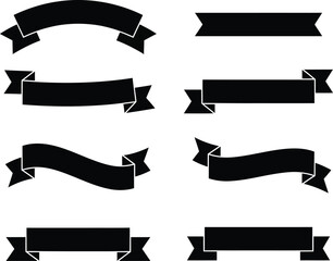 Collection of black ribbon banners and decorative elements on white background