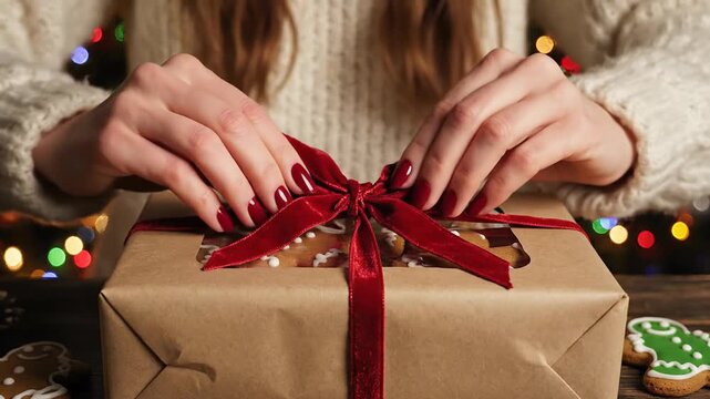 Hands tying a red velvet ribbon bow on a Christmas gift box of gingerbread cookies