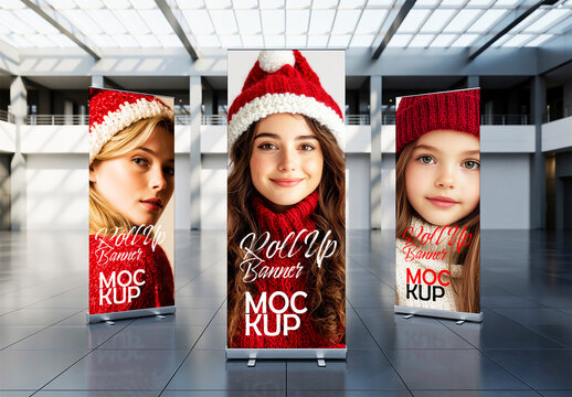 Triple Indoor Roll Up Banner Mockup for Winter Fashion
