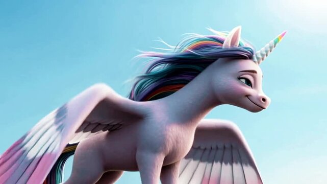 A beautiful video of a cartoon unicorn flying in the sky