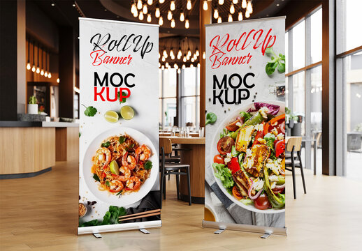 Indoor Roll Up Banner Mockup for Restaurant Food Menu Promotion