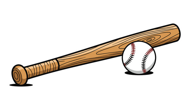 Traditional wooden baseball bat lies next to a white baseball with red stitching in this clean and detailed vector illustration style.