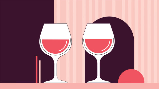 Two elegant glasses filled with red wine are illustrated against a stylish modern background of abstract lines and curved geometric shapes.