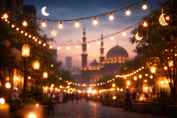 A festive street scene at night with string lights, crescent moons, and a mosque in the background. © muhagraph