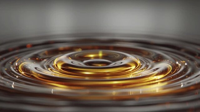 Closeup of a golden liquid drop creating ripples on a reflective surface.