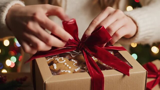 Hands tying red velvet ribbon on Christmas gingerbread cookie gift box, festive lights bokeh