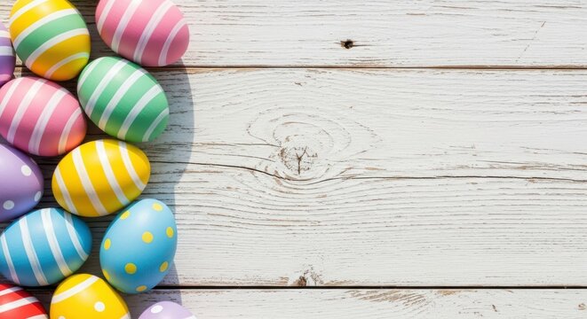 Colorful easter eggs on a rustic white wooden background with natural texture