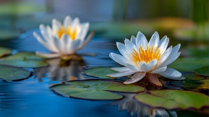 Two Beautiful White Water Lilies Floating on Calm Water with Green Lily Pads.