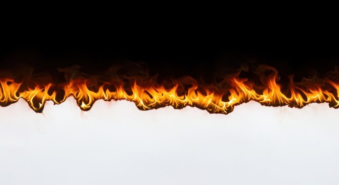 Seamless horizontal boundary where fire consumes white paper, creating a destructive, smoky, hot abstract background edge, detail, danger, red