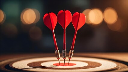 Fototapeta premium Three red darts hitting the center of a target board