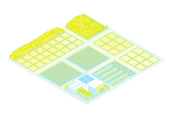 郊外の街並みのイラスト. アイソメ図で描いた都市.