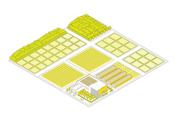 郊外の街並みのイラスト. アイソメ図で描いた都市.
