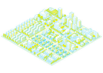 街並みの立体図. 都市の景観. アイソメ図で描いた都市.