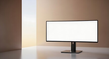 Curved computer monitor with blank white screen on abstract background in modern office. Digital display for advertising and presentation.