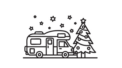 Obraz premium Christmasthemed motorhome with decorated tree and stars illustration