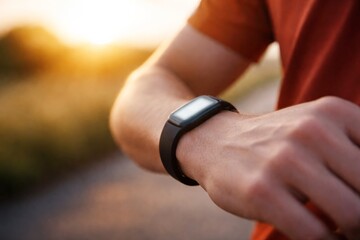 Fototapeta premium Close-up of a person wearing a fitness tracker on their wrist during sunset