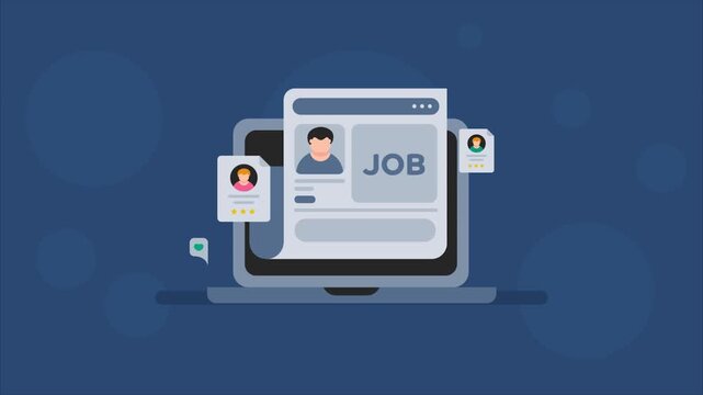 Online recruitment portal with CV screening, office role specification and SEO job listing access with laptop.