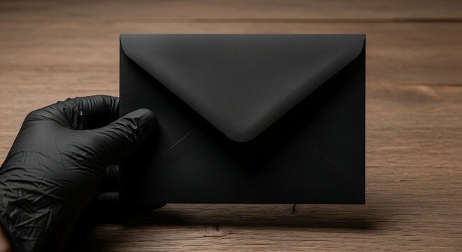 Man in black glove holding black envelope on wooden table. Secret message and mysterious concept. Invitation or covert operations.