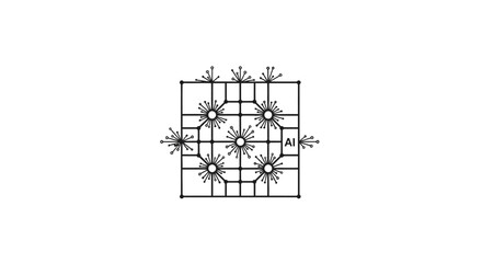This geometric technical diagram illustration displays a structured grid system with mechanical and digital elements arranged symmetrically. It represents engineering design, system architecture, blue