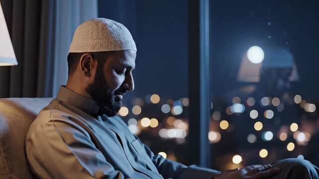 Serene Muslim Man in Traditional Attire Gazing Thoughtfully at the Night Cityscape from a Window