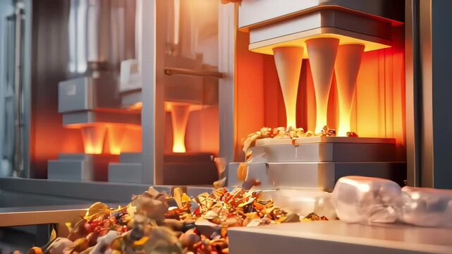 Molten orange chocolate being extruded by a chocolate 3D printer into edible shapes.