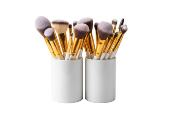 Fototapeta premium Collection of various makeup brushes in white holders isolated on transparent background
