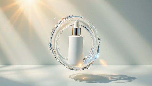 a luxury sunscreen serum bottle floating effortlessly