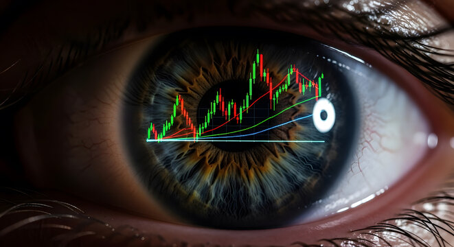 Human Eye with Stock Market Chart Reflection, Financial Vision and Trading Insight Concept