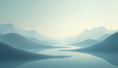 Abstract liquid horizon, smooth fluid plane with soft waves, foggy atmosphere, cinematic lighting, calm futuristic look