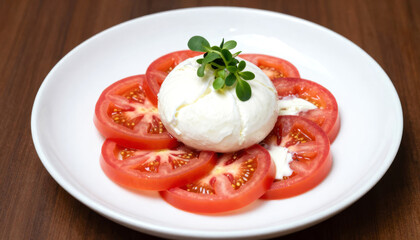 Burrata cheese with sliced organic red tomatoes and fresh green microgreens on a white plate.