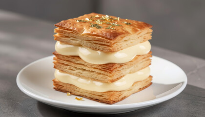 Classic french patisserie mille feuille dessert with cream and gold leaf. Elegant food for celebration, recipe concept.