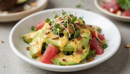 Close up of a fresh avocado salad with grapefruit, almonds and mustard dressing on a white plate.