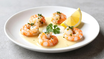 Cooked shrimp with lemon and sauce on a white plate. Gourmet appetizer or seafood dish