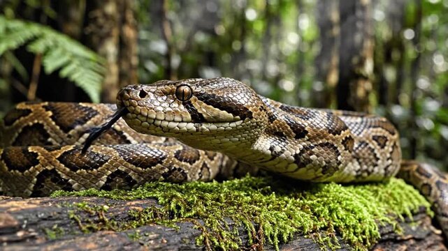Beautiful snake resting on a mossy log in the forest environment.