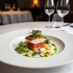 Elegant serving of grilled fish fillet with diced vegetables and greens on white plate. Gourmet food presentation for dining menu.