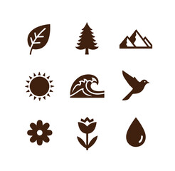 Brown eco friendly icons of nature and environment symbols on white background