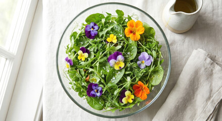 Overhead view of fresh green salad with edible flowers and vinaigrette in pitcher. Healthy eating concept for menu