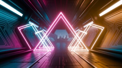 Fototapeta premium Neon Triangle Light Tunnel with Futuristic Symmetry