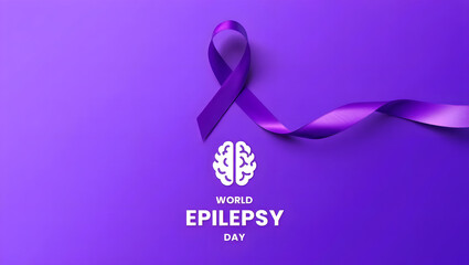 Obraz premium A vibrant purple awareness ribbon is accompanied by a brain icon and text on a deep purple background for World Epilepsy Day.