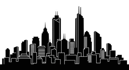 Dense City Skyline Silhouette with Prominent Skyscrapers on Isolated White Background