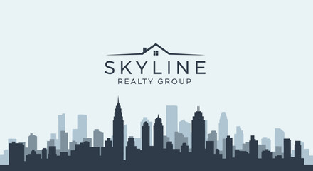 Obraz premium City Skyline Silhouette for Realty Group Concept with Mountains on Light Blue Background
