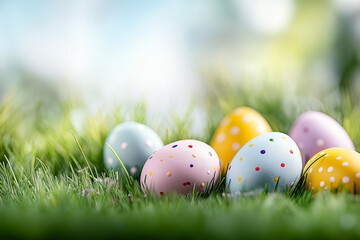 Colorful Easter eggs lie scattered on a vibrant green meadow under a bright spring sky Generative AI