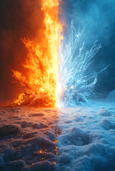 Split scene showing fire on one side and ice on the other, perfectly symmetrical composition.