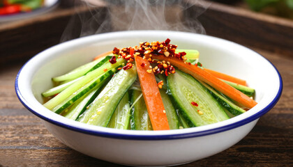 Steaming bowl of cold noodle with cucumber and carrot julienne, topped with red chili flakes.