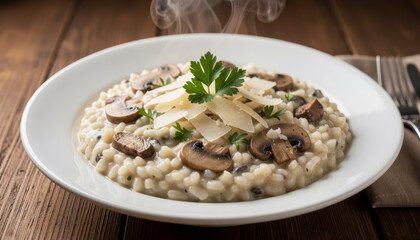 Steaming mushroom risotto with parmesan cheese and fresh parsley. Creamy italian cuisine on rustic wooden table.